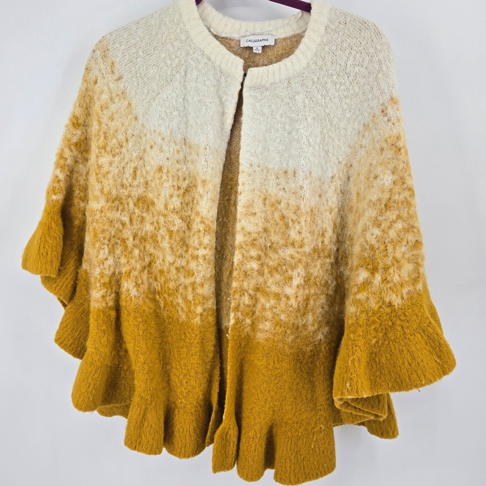 Anthropologie Calligraphie Cardigan 2X Mustard Ombre Ruffle Eyelash Knit Poncho